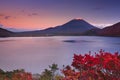 Last light on Mount Fuji and Lake Motosu, Japan Royalty Free Stock Photo